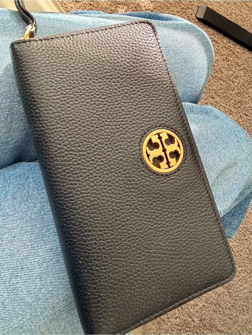 Tory Burch Black Pebbled Leather Wristlet with Gold Logo